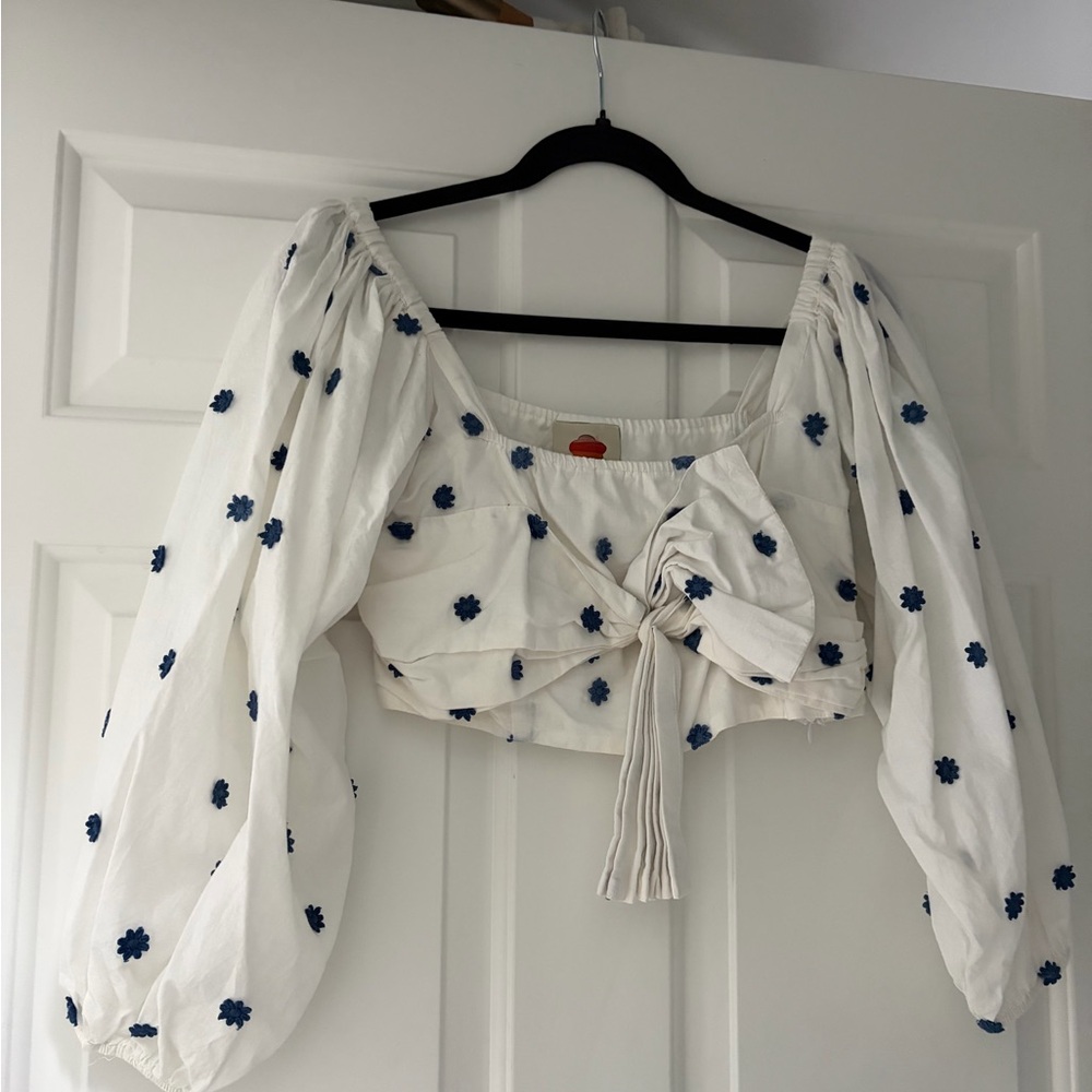 FARM Rio White and Blue Floral Blouse
